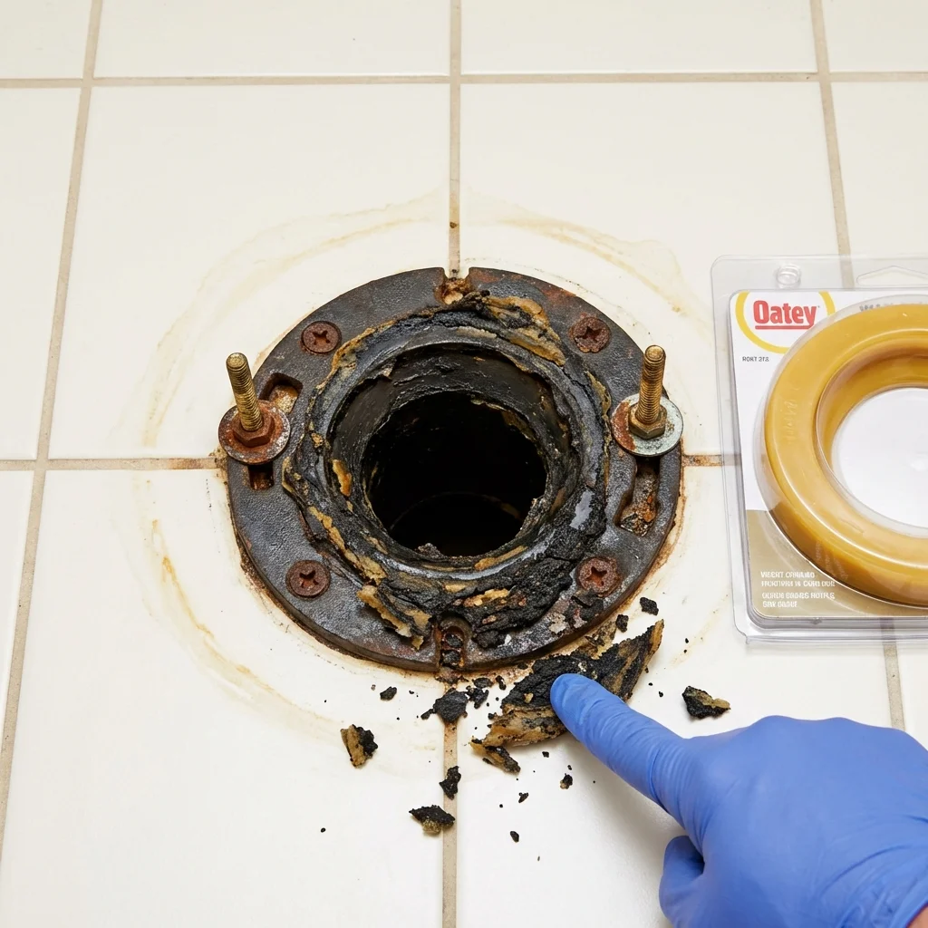 Failed wax ring showing water seepage at the base of a toilet in a Ashland, VA home